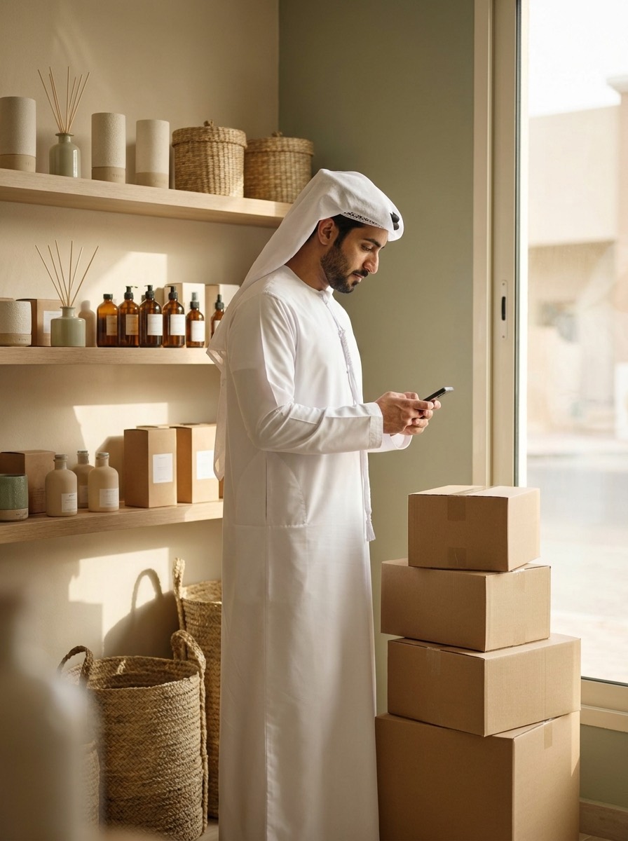 A store owner checking orders on his phone