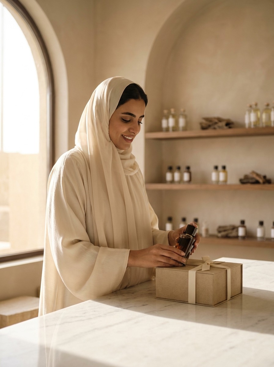 صاحبة متجر عطور تجهّز طلب عميلة
