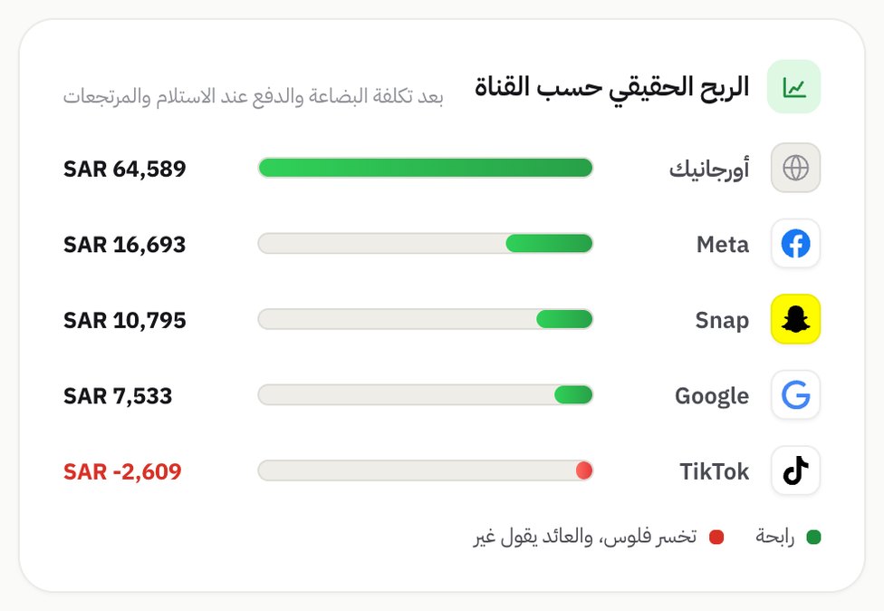 الربح الحقيقي حسب القناة في رايز كارت: تيك توك معلّمة بالأحمر لأنها تخسّر