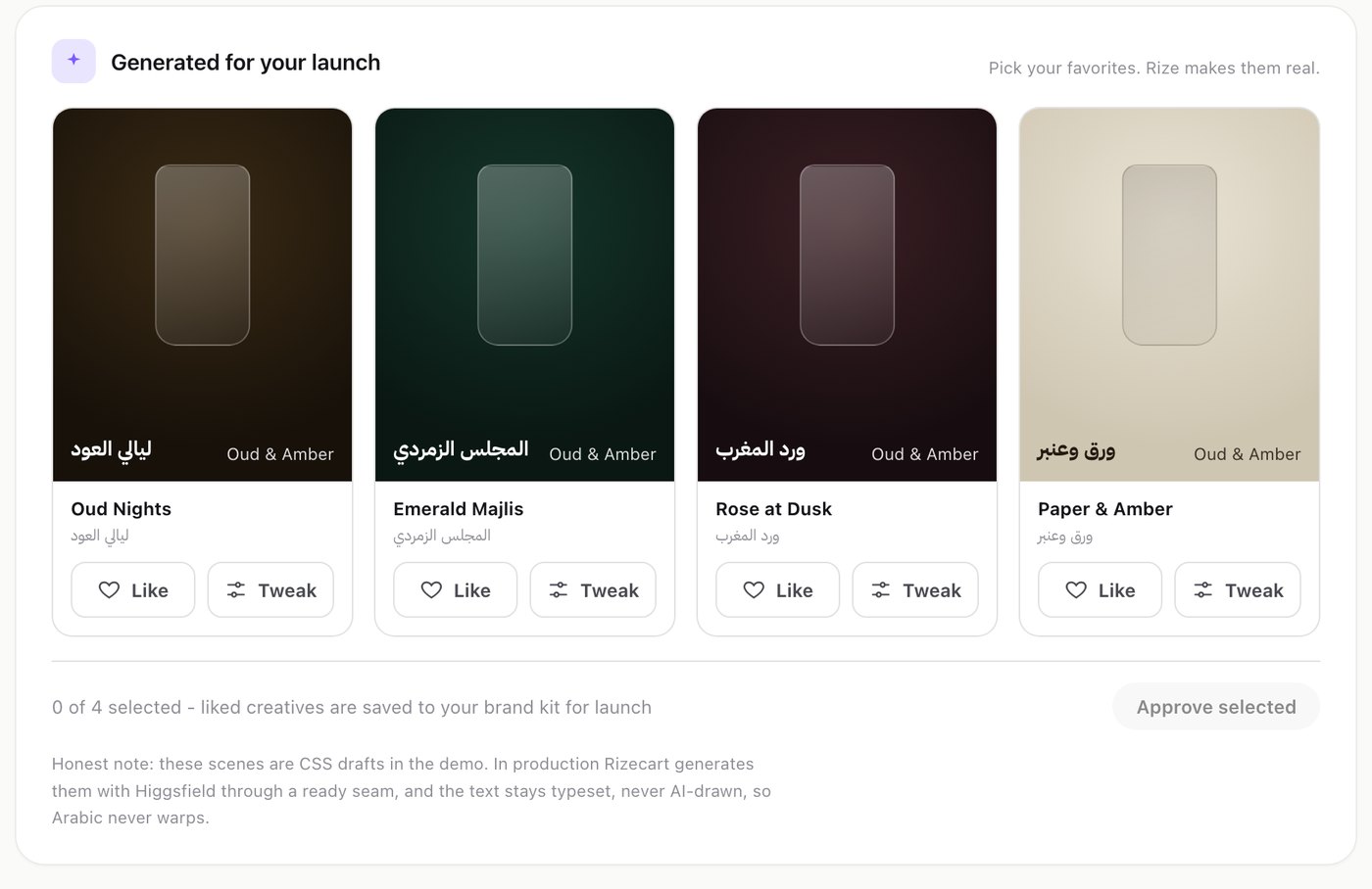 Rizecart's Creative Studio generating on-brand ads from a locked brand kit